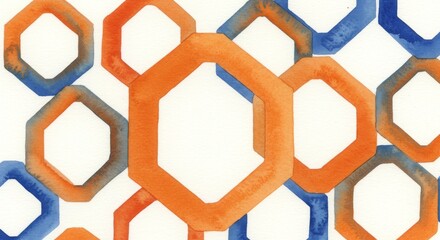 Poster - Abstract Geometric Watercolor Pattern - Vibrant watercolor painting featuring overlapping octagons in shades of orange and blue on a white background. Modern and stylish design