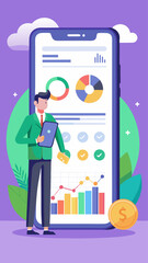 Fototapete - A colorful image of a phone, tablet, and laptop with various graphs and charts on the screen. Scene is that of productivity and organization, with the various devices