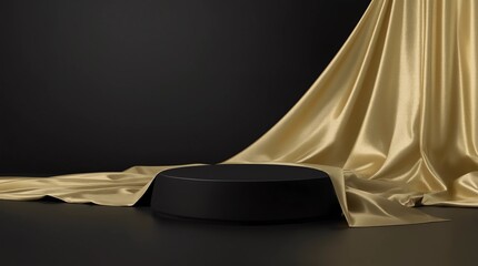 Leinwandbilder - Gold pedestal or podium display with golden satin fabric platform concept on dark background. Blank shelf stand for showing product. 3D rendering