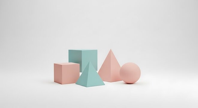 Pastel Geometric Shapes Minimalist 3D Render of Cubes, Spheres, and Pyramids