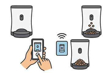 Poster - Smart pet feeder being controlled remotely by a person using a smartphone at home