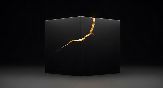 Abstract Gold Crack in Black Cube Minimalist 3D Render