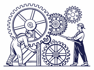 Poster - Two mechanics working together to operate large gears in a factory isolated on white background