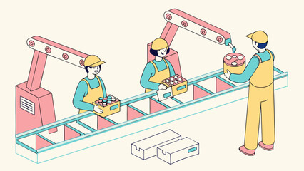 Poster - Workers and robots on a conveyor belt assembly line isolated on white background