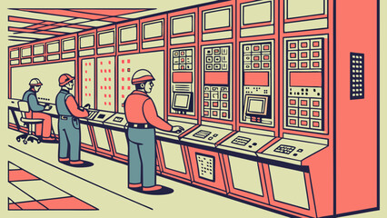 Poster - Three engineers working in a control room with large computer consoles isolated on white background