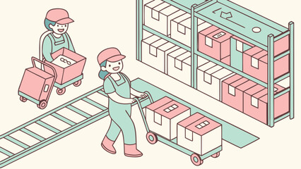 Poster - Warehouse workers organizing boxes on shelves and conveyor belt isolated on white background
