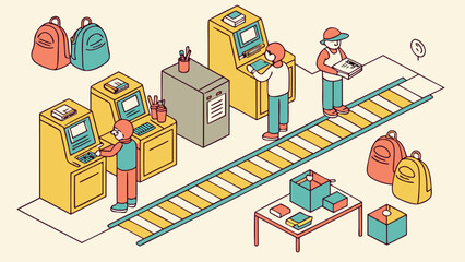 Poster - People working at automated kiosks and conveyor belt with backpacks and boxes isolated on white background