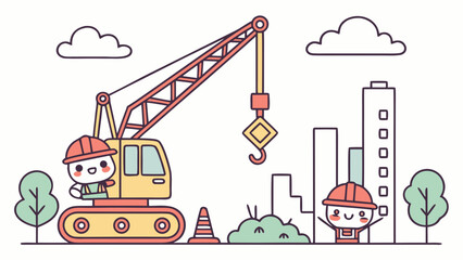 Poster - Cute cartoon construction workers and crane building a city isolated on white background