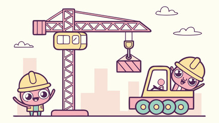 Poster - Cute cartoon construction characters with crane and truck isolated on white background