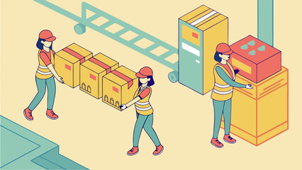 Poster - Warehouse workers moving boxes and packages on a conveyor belt isolated on white background