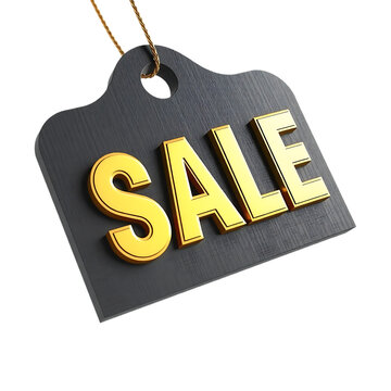 Golden sale word on a dark textured tag with rope isolated on transparent background