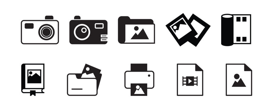 Photo and video icon set. Icons of photography, image, photo gallery, video camera and photo camera. image, photo gallery Vector illustration.