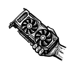 Aufkleber - Hand Holding Graphic Card, Vector Style Black and White Engraving Illustration