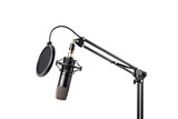 Studio condenser microphone with pop filter and shock mount on adjustable boom arm stand, isolated on a transparent background