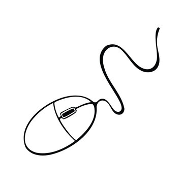 A black and white illustration of a computer mouse with cable