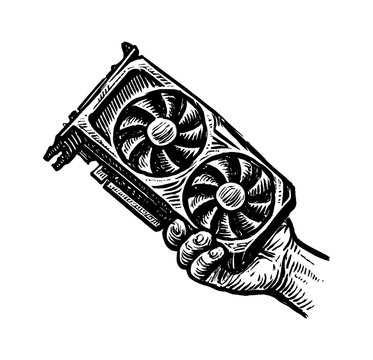 Hand Holding a Graphics Card Engraved in Black and White Style Illustration