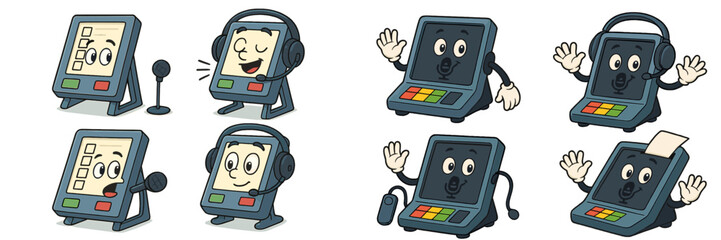 Poster - Interactive cartoon characters depict various functions of a customer service kiosk in a vibrant setting