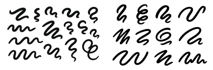 Poster - Stylized black scribbles showcasing various fluid line designs on a white background for creative inspiration