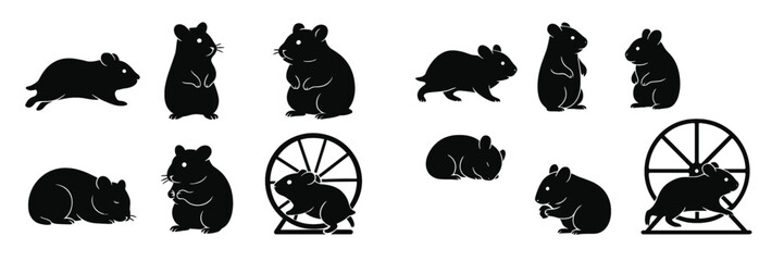 Poster - Various black silhouettes of hamsters engaged in different activities in a simple and playful design