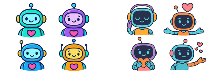 Poster - Cute colorful cartoon robots showing various emotions in a playful digital art setting during a sunny day