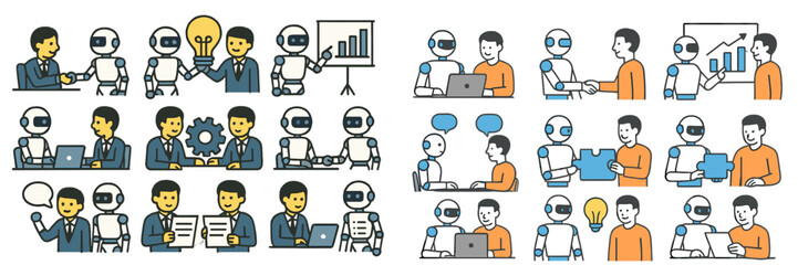 Aufkleber - Collaboration between humans and robots in various professional settings showcasing teamwork and technology
