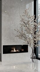 Poster - Elegant living space with a modern fireplace and lovely flowering branches, enhancing its tranquil ambiance and design