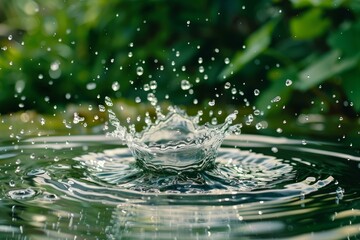 Poster - Stunning crown shaped water splash creating concentric ripples on a smooth surface against a blurred green background, capturing the beauty and motion of nature