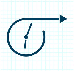 Fototapete - Clock icon combined with curved arrow pointing right in dark blue on white background with blue grid, symbolizing time progress, minimalistic flat design.