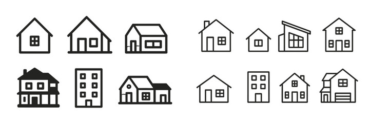 Poster - Variety of house designs showcasing architectural styles and structures in black and white illustrations