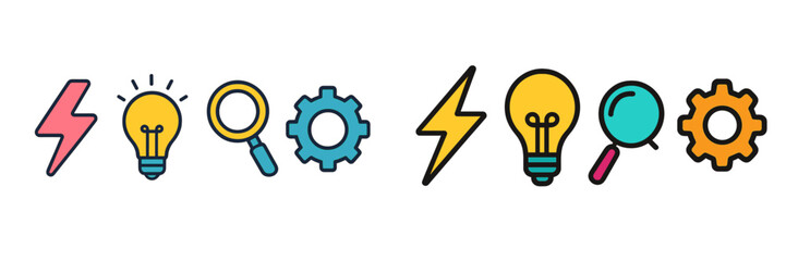 Poster - Creative illustration of various symbols representing ideas, innovation, and technology in a colorful design