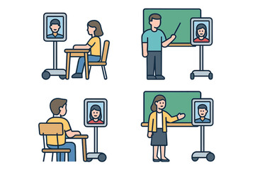 Poster - Students interact with educators using digital displays in a modern classroom setting focused on remote learning