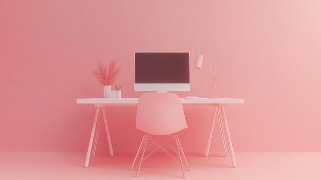 Modern home office desk setup with computer, chair, and decor in minimalist pink aesthetic