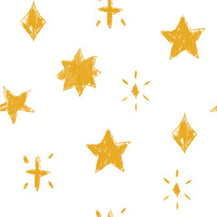 Leinwandbilder - Cute seamless pattern of hand drawn yellow sparkle stars with crayon or chalk pencil texture