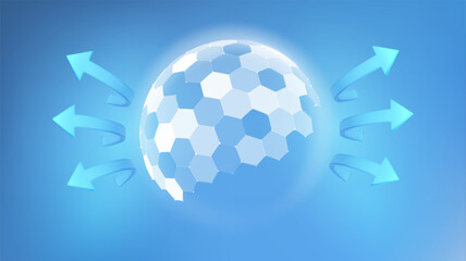 Poster - UV shield with hexagon barrier to protect skin from sun and light rays using a 3D dome and sphere. Sunscreen and solar effect for safety. Honeycomb layer cosmetic product design for radiation block.