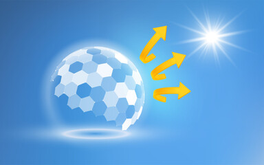 Poster - UV shield with hexagon pattern to protect skin and block sun with light barrier and 3D sphere. Transparent dome and UV rays reflect solar energy for safety. Abstract blue background with glow effect.