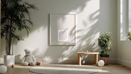 Poster - A serene living space decorated with a teddy bear, plants, and gentle sunlight creating a warm and inviting atmosphere