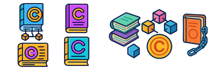Poster - Educational icons representing copyright concepts and digital content management in a colorful design