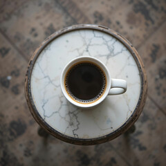 Poster - Side view of a cup of coffee on a small round table, presented in a horizontal layout.