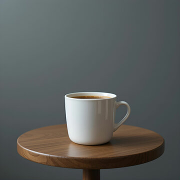 Side view of a cup of coffee on a small round table, presented in a horizontal layout.