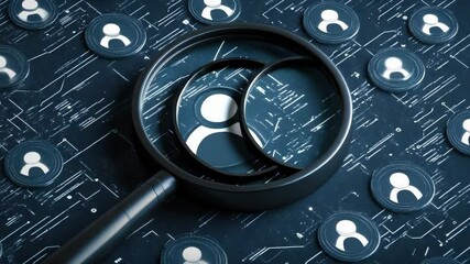 Poster - Explore the process of uncovering identities using a magnifying glass among digital symbols and patterns in a creative setting
