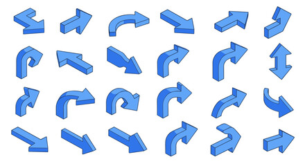 Poster - Collection of blue 3d arrows in various directions on white background