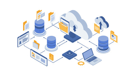Poster - Cloud data management isometric concept with laptops and servers