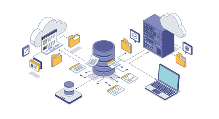 Poster - Isometric cloud data management network with servers and devices