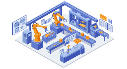 Poster - Isometric robotic production line in modern factory setting with automated machinery
