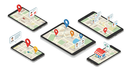 Poster - Mobile map navigation in isometric style featuring location pins and user profiles