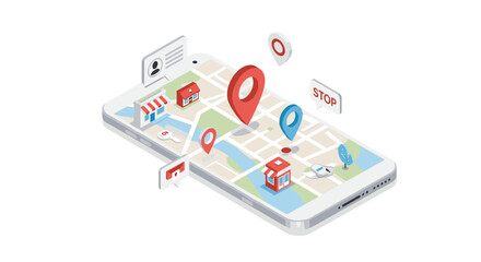 Poster - Isometric map gps navigation on smartphone with location pins and icons