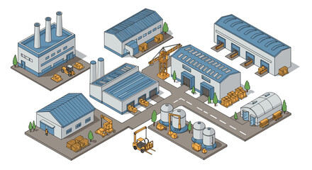 Poster - Isometric industrial park with factories and warehouses in detailed 3d design