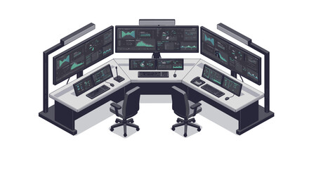 Poster - Advanced isometric control room with multiple monitors and data charts for technology management