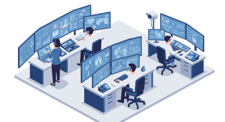 Poster - Modern control room with team monitoring multiple screens in isometric style