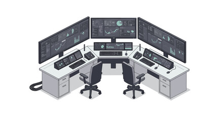 Poster - Control room setup with multiple monitors and modern workstations in isometric style